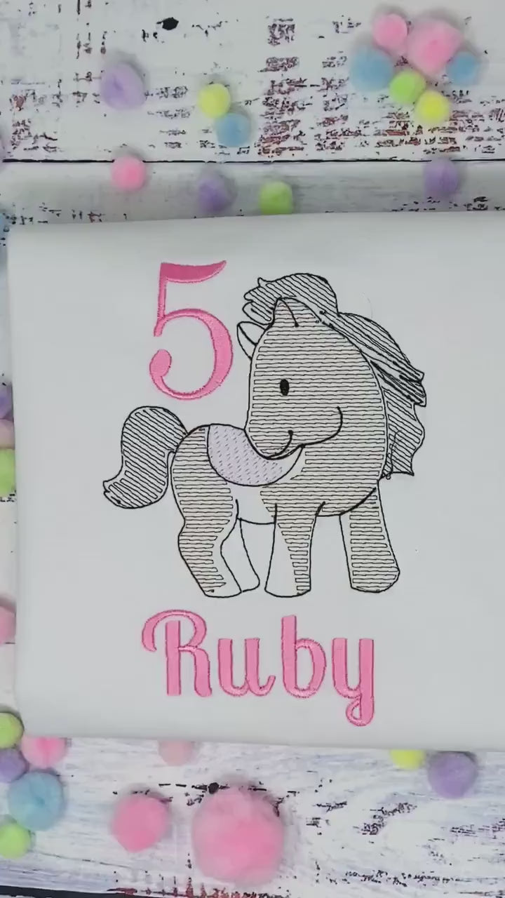 Girl 5th Birthday Shirt With cute bay Pony, Birthday Shirt with Ponny and Saddle, 4th, 6th 7th Horse Embroidery Birthday Shirt, sketch