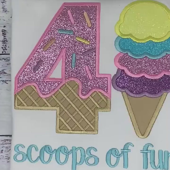 Girl Ice Cream 4 “Scoop of fun” birthday shirt, Sweet Ice Cream cone Theme Party, Pastel sweet birthday tee, Any age..