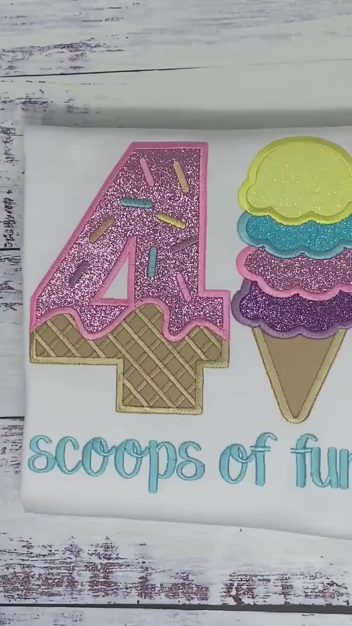 Girl Ice Cream 4 “Scoop of fun” birthday shirt, Sweet Ice Cream cone Theme Party, Pastel sweet birthday tee, Any age..