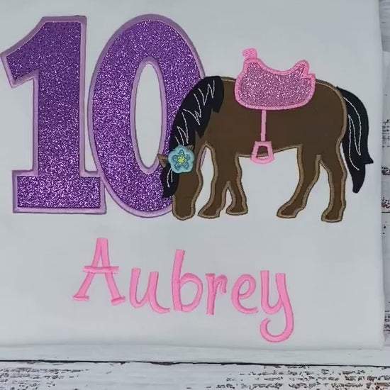 Girl 10th Birthday Shirt With Bay Brown Horse, Birthday Shirt with Horse and Saddle, 4th, 6th 7th Horse Birthday Shirt, Embroidered Horse