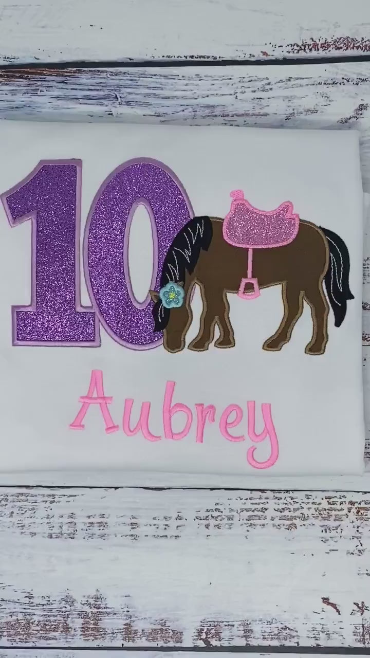 Girl 10th Birthday Shirt With Bay Brown Horse, Birthday Shirt with Horse and Saddle, 4th, 6th 7th Horse Birthday Shirt, Embroidered Horse