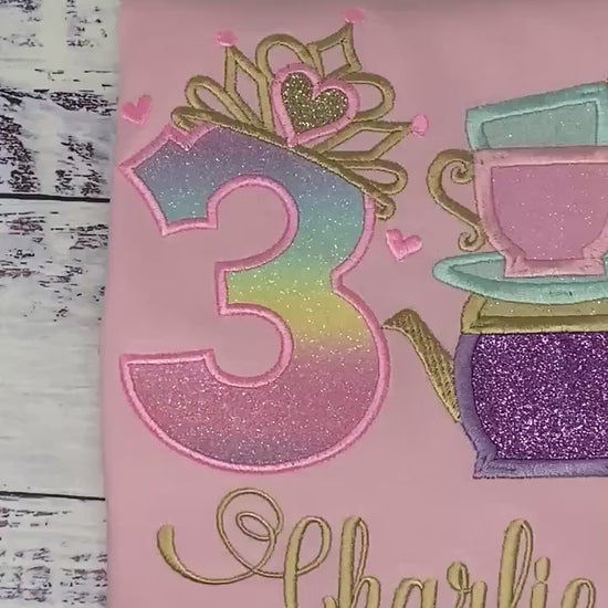 Girl 3rd birthday shirt with princess tiara Number and tea cups, Tea party shirt, 2nd, 5th, 6th birthday outfit for tea party
