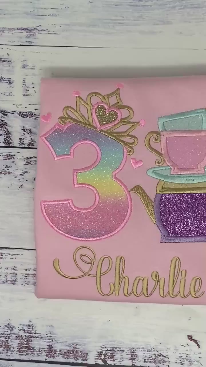 Girl 3rd birthday shirt with princess tiara Number and tea cups, Tea party shirt, 2nd, 5th, 6th birthday outfit for tea party