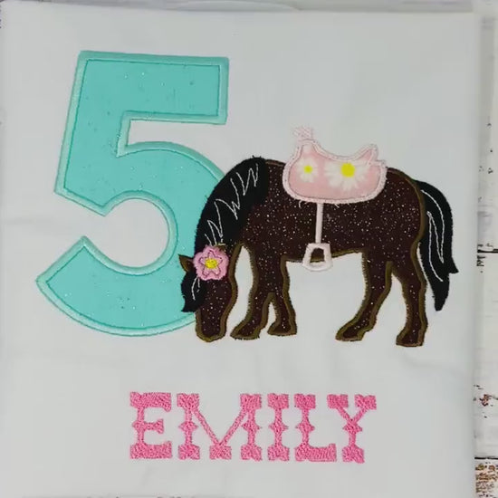 Girl 5th Birthday Shirt With Bay Horse, Birthday Shirt with Brown Ponny and Saddle, 4th, 6th 7th Horse Birthday Shirt