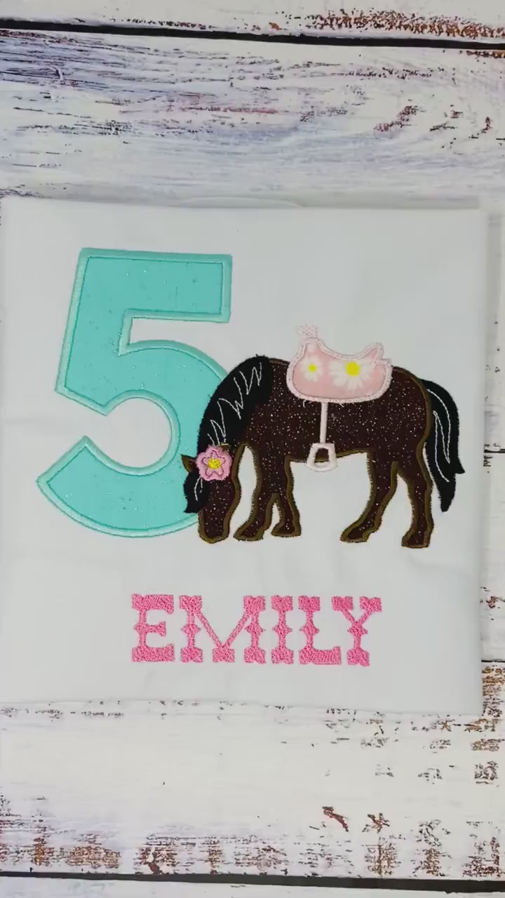 Girl 5th Birthday Shirt With Bay Horse, Birthday Shirt with Brown Ponny and Saddle, 4th, 6th 7th Horse Birthday Shirt