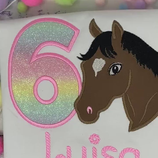 Girl 6th Birthday Shirt With Bay Brown Horse, Birthday Tee with quarter horse, Horse Embroidery Shirt, Custom Horse Face markings,
