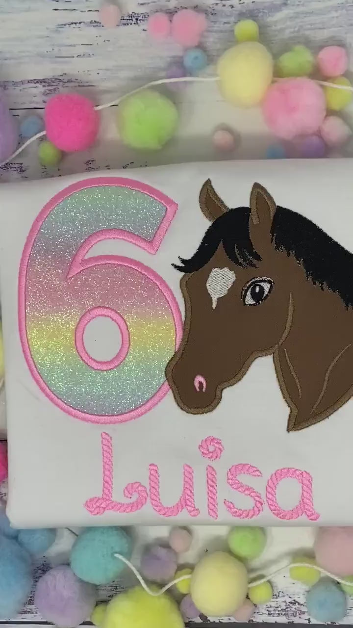 Girl 6th Birthday Shirt With Bay Brown Horse, Birthday Tee with quarter horse, Horse Embroidery Shirt, Custom Horse Face markings,