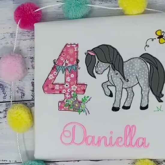 Girl 4th birthday tee with horse, Embroidered shirt with pony, Dappled grey horse, Bay horse, Any color, Any age