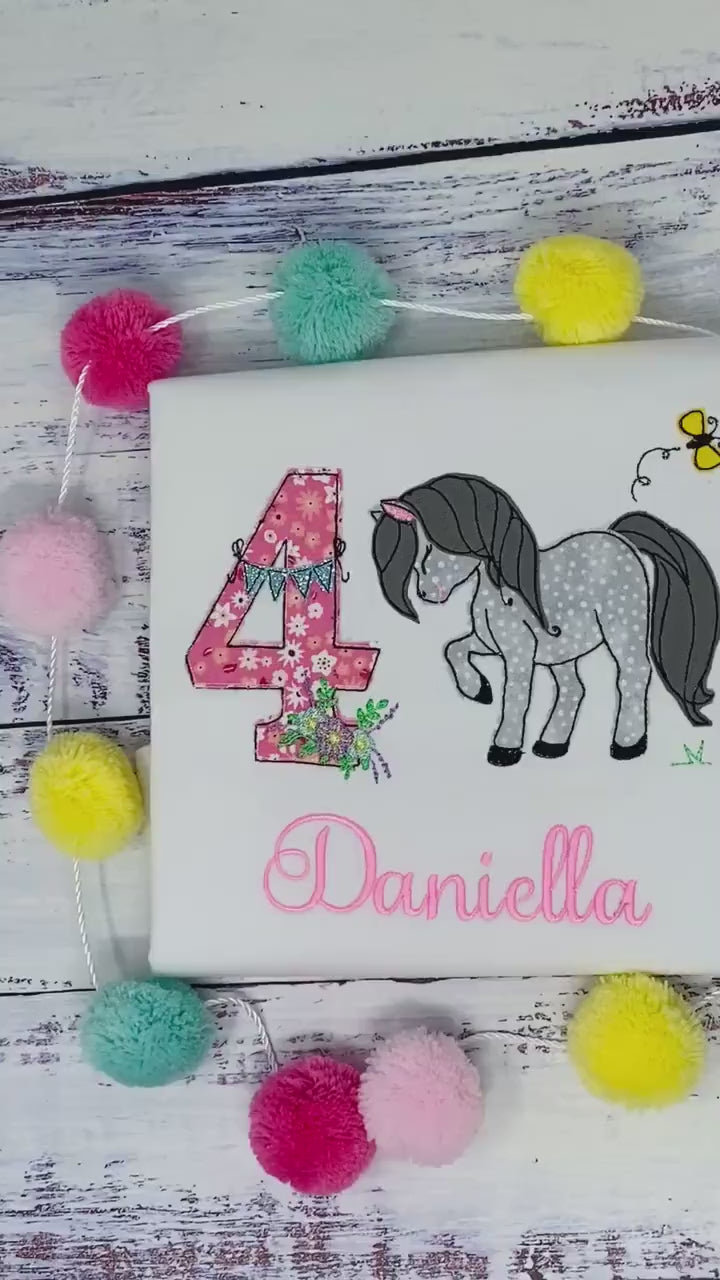 Girl 4th birthday tee with horse, Embroidered shirt with pony, Dappled grey horse, Bay horse, Any color, Any age