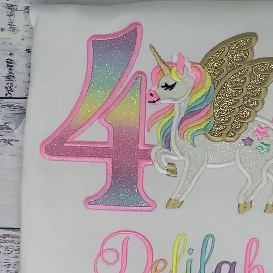 Girl 4th Birthday Pastel Unicorn with Wings, Girl Rainbow Unicorn Birthday, Rainbow Gold wings Uni tee, Pegasus, Any Agee.