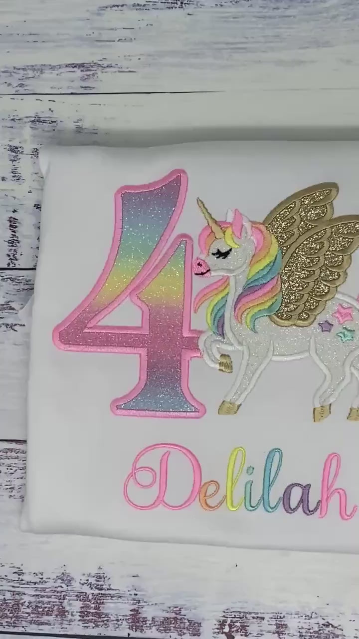 Girl 4th Birthday Pastel Unicorn with Wings, Girl Rainbow Unicorn Birthday, Rainbow Gold wings Uni tee, Pegasus, Any Agee.