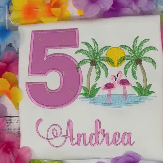 Girl 5th Birthday Tropical Flamingo Shirt, Sunset, Palms, Ocean, Pink Anchor Applique Number and Flamingo, Beach Party Shirt, Any age