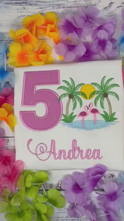 Girl 5th Birthday Tropical Flamingo Shirt, Sunset, Palms, Ocean, Pink Anchor Applique Number and Flamingo, Beach Party Shirt, Any age