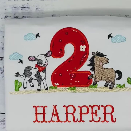 Girl 2nd cowgirl theme birthday shirt, Baby cow and horse embroidery, Western birthday tee, Any age, Shirt with pony