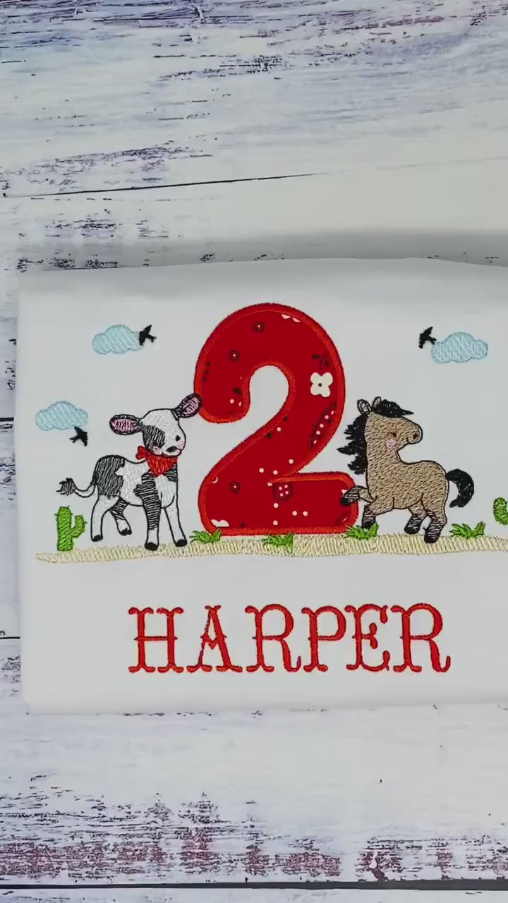 Girl 2nd cowgirl theme birthday shirt, Baby cow and horse embroidery, Western birthday tee, Any age, Shirt with pony