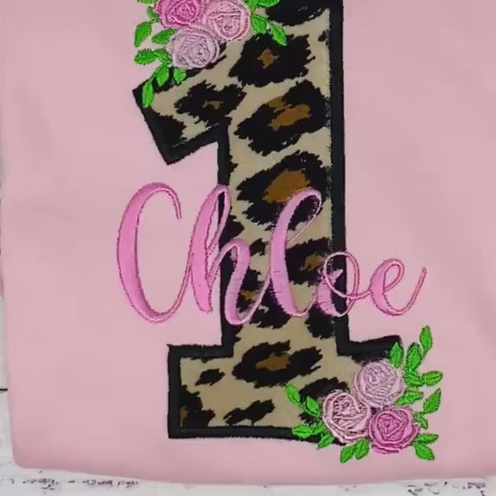 Girl 1st birthday shirt with cheetah print, Floral mini Roses embroidery tee, Personalized applique shirt, Any age