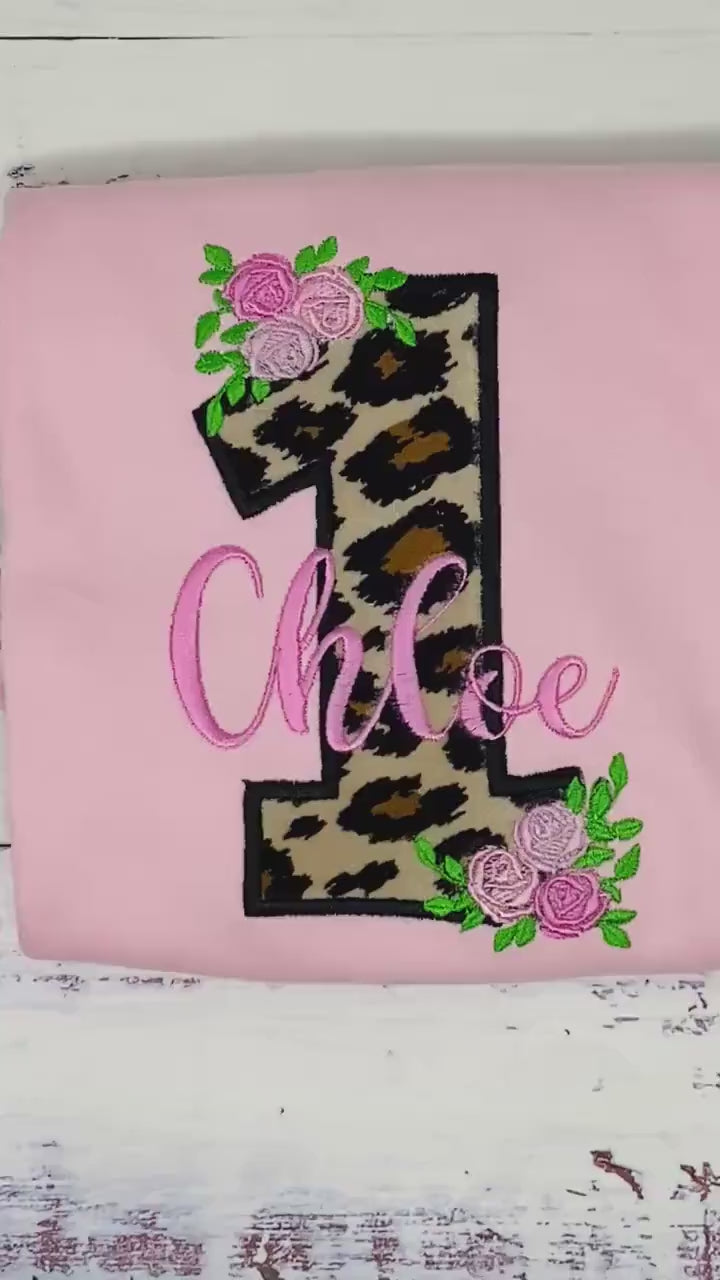 Girl 1st birthday shirt with cheetah print, Floral mini Roses embroidery tee, Personalized applique shirt, Any age