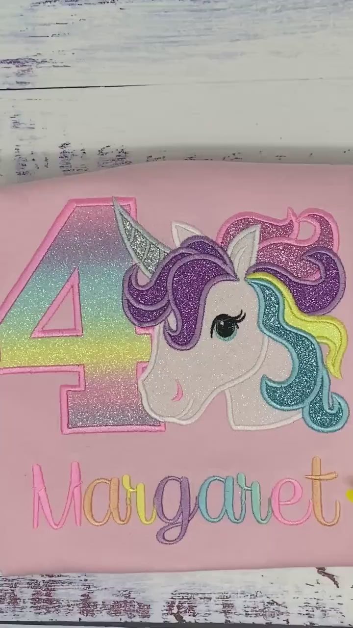 4th Birthday Pastel Unicorn Shirt, Girl Rainbow Pastel Unicorn Birthday Outfit, Rainbow Unicorn outfit, Unicorn embroidery, Personalized tee