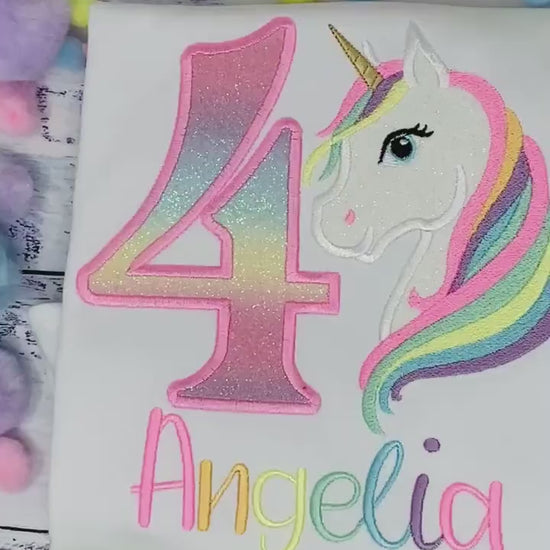 Girl 4th  Birthday Pastel Unicorn and number Shirt, Girl Rainbow Pastel Unicorn Birthday, Rainbow Uni outfit, Unicorn embroidery, Any age