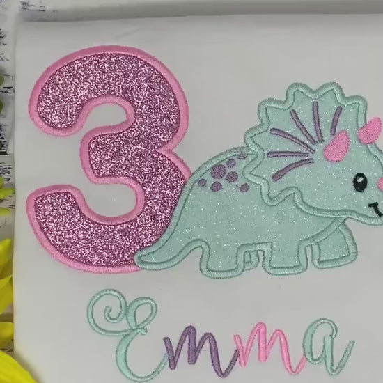Girl 3rd Birthday Dinosaur Shirt, Glitter Dinozaur, Triceratops Personalized Embroidery, Pink Glitter Dinozaur,