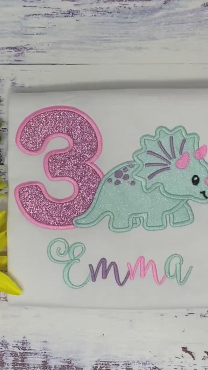 Girl 3rd Birthday Dinosaur Shirt, Glitter Dinozaur, Triceratops Personalized Embroidery, Pink Glitter Dinozaur,