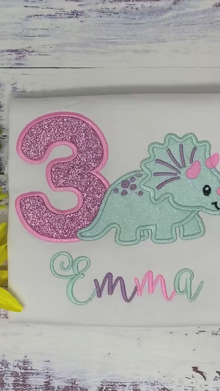 Girl 3rd Birthday Dinosaur Shirt, Glitter Dinozaur, Triceratops Personalized Embroidery, Pink Glitter Dinozaur,