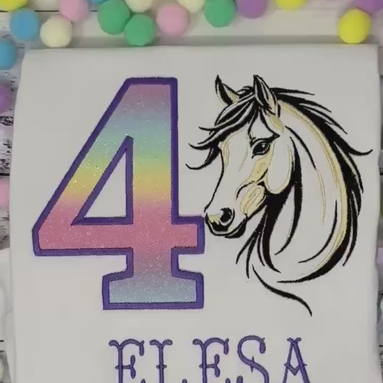Girl 4th Birthday Shirt With Palomino Horse, Ombre Rainbow Number with Western Horse , Sketch  Embroidered Horse