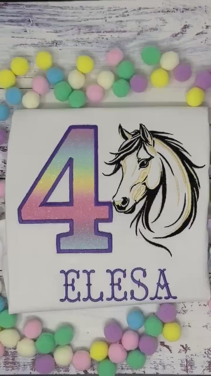 Girl 4th Birthday Shirt With Palomino Horse, Ombre Rainbow Number with Western Horse , Sketch  Embroidered Horse