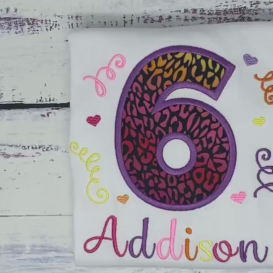 Girl 6th birthday shirt with cheetah print and number, Rainbow Cheetah embroidery, Leopard print birthday shirt, Made for any age