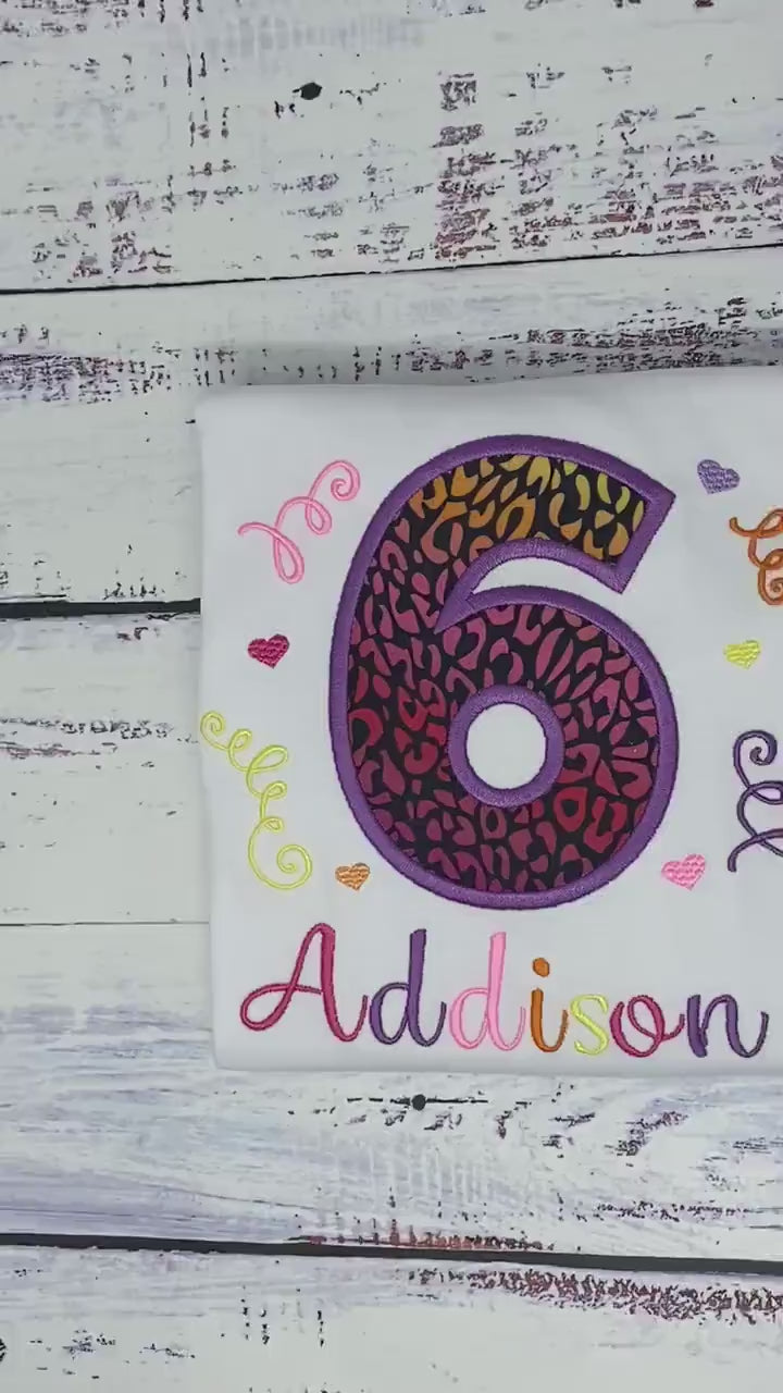 Girl 6th birthday shirt with cheetah print and number, Rainbow Cheetah embroidery, Leopard print birthday shirt, Made for any age