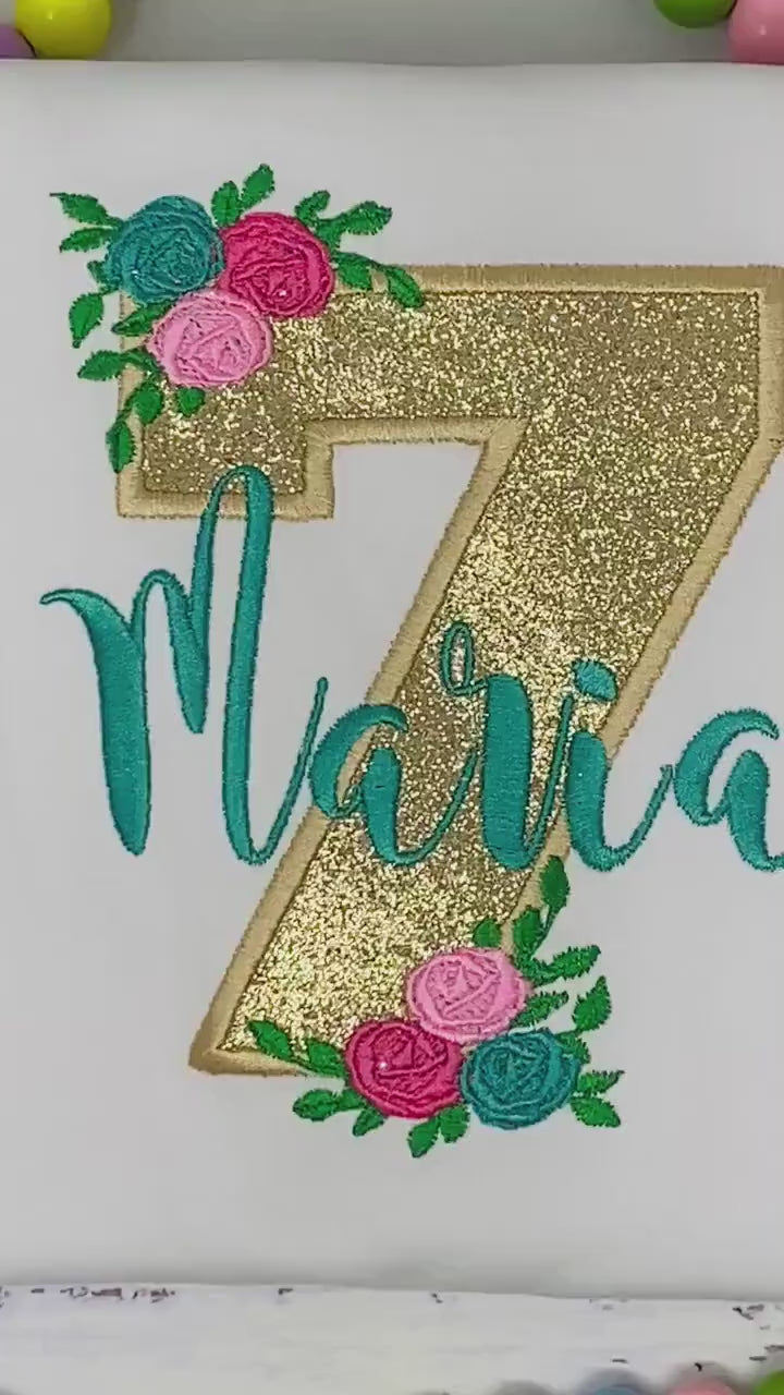 Golden 7th birthday shirt, Gold glitter, Floral birthday shirt, Flower, Roses, Hot pink name , Personalized applique shirt