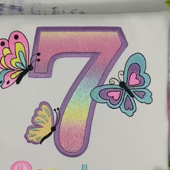 Girl embroidered shirt with pastel butterflies, Butterfly birthday theme party, 7th birthday colorful monarch butterfly embroidery, Neon