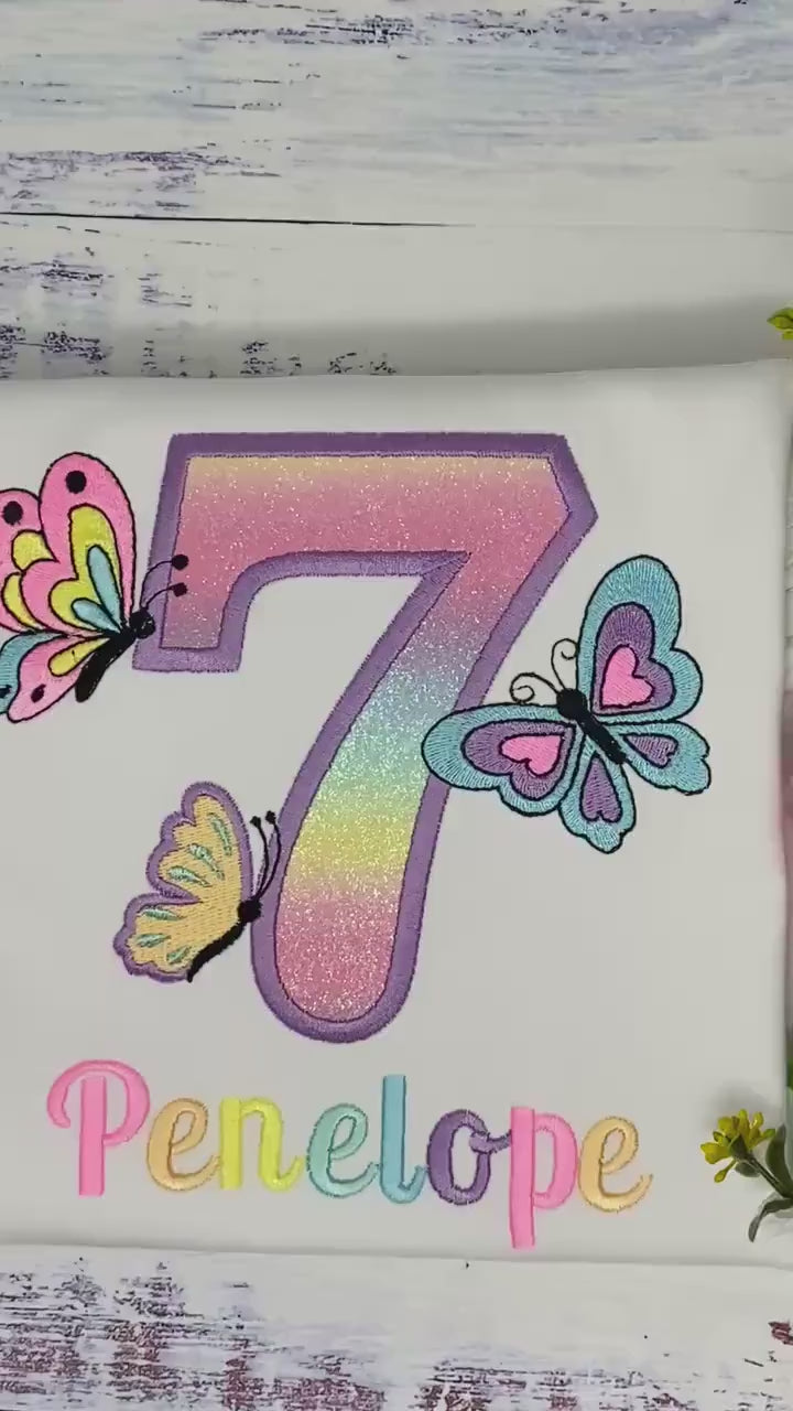 Girl embroidered shirt with pastel butterflies, Butterfly birthday theme party, 7th birthday colorful monarch butterfly embroidery, Neon