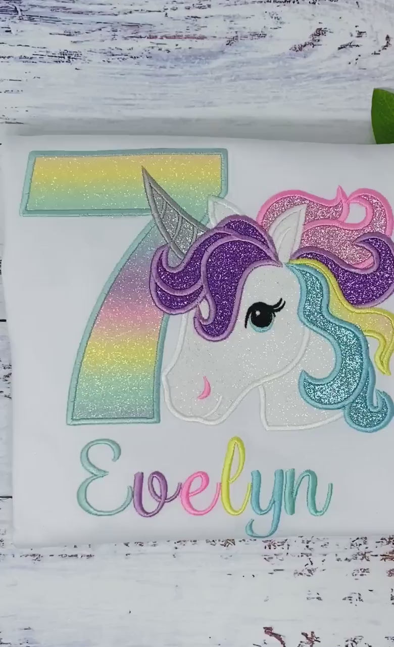 Girl 7th Birthday Shirt with Unicorn, 7th Birthday Pastel Unicorn Shirt, Unicorn birthday, Rainbow Unicorn outfit, Unicorn embroidery