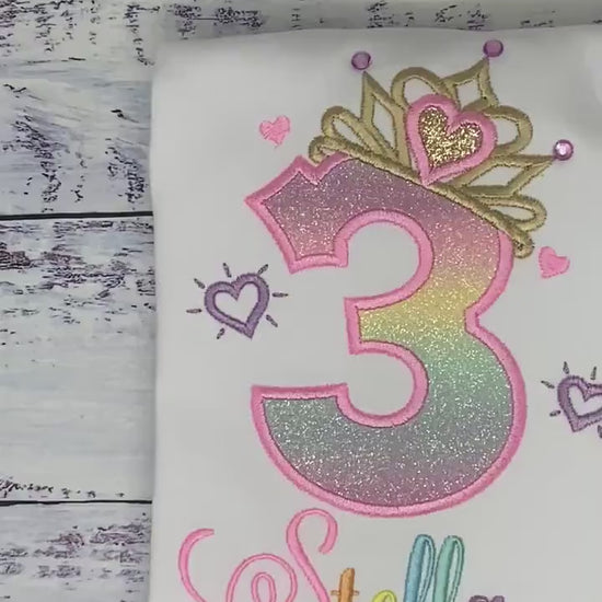 3rd  Birthday Shirt for Girl, Rainbow Princess Birthday Shirt, Birthday Number with Crown, Girls rhinestone tiara, Princess Party