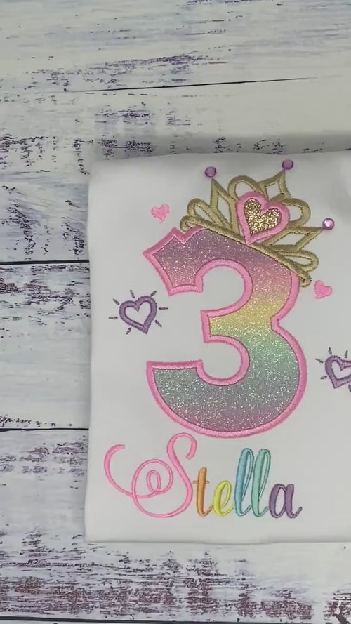 3rd  Birthday Shirt for Girl, Rainbow Princess Birthday Shirt, Birthday Number with Crown, Girls rhinestone tiara, Princess Party