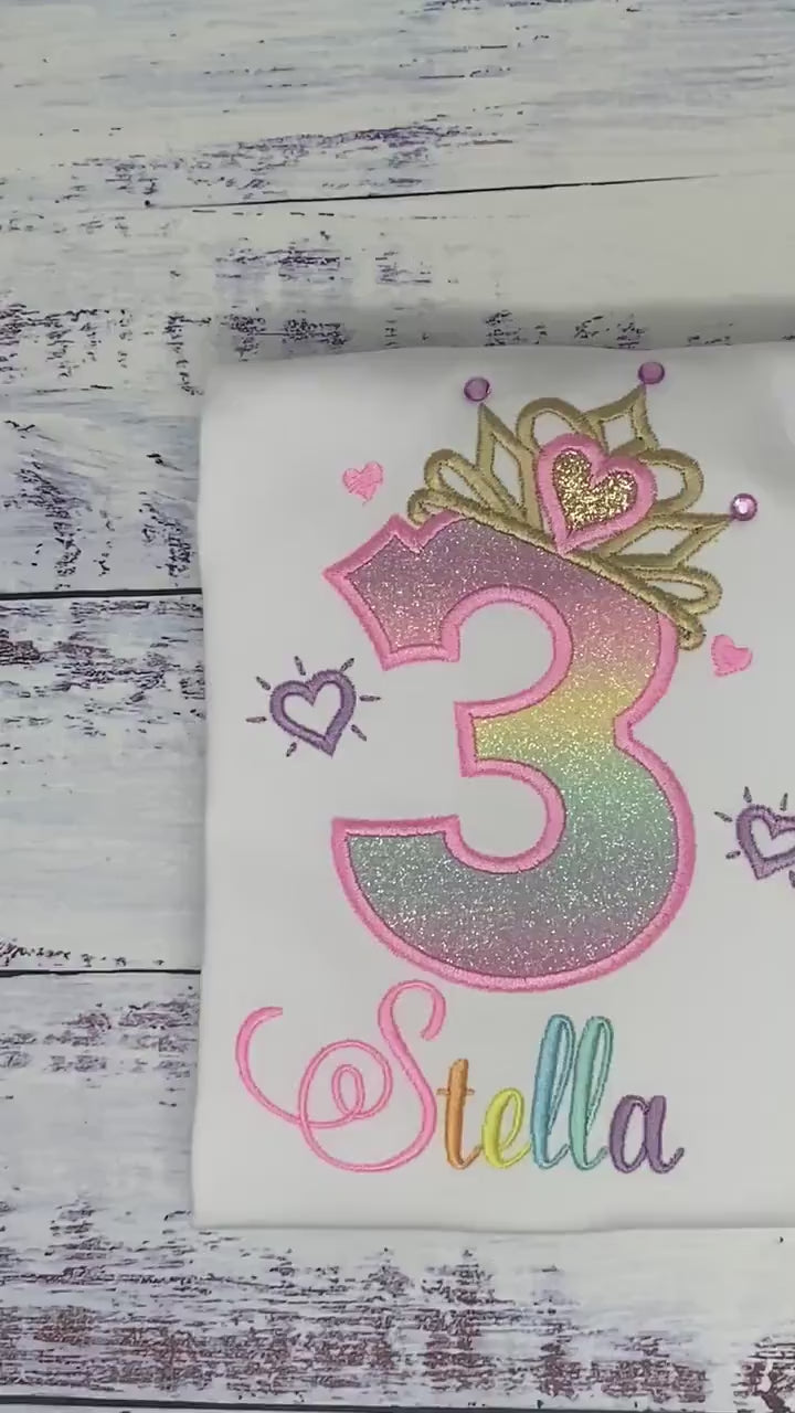 3rd  Birthday Shirt for Girl, Rainbow Princess Birthday Shirt, Birthday Number with Crown, Girls rhinestone tiara, Princess Party