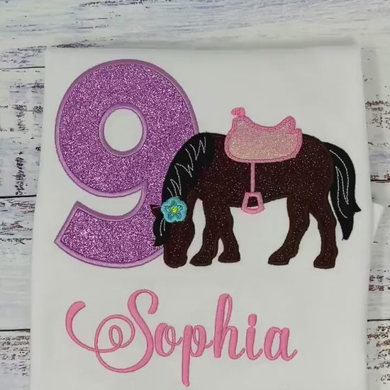 Girl 9th Birthday Shirt With Bay Horse, Birthday Shirt with Brown Horse and Saddle, 4th, 5th, 6th 7th Horse Birthday Shirt, Shirt with Pony