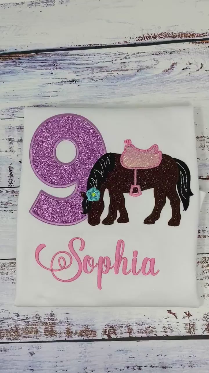 Girl 9th Birthday Shirt With Bay Horse, Birthday Shirt with Brown Horse and Saddle, 4th, 5th, 6th 7th Horse Birthday Shirt, Shirt with Pony