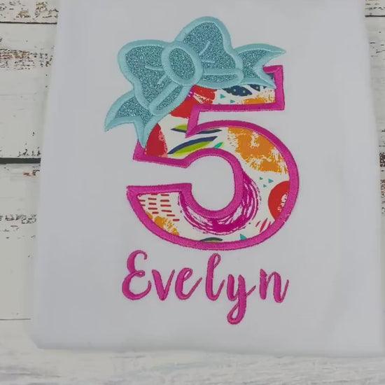 Girl personalized shirt with floral number and bow, Teal bow number, 5th birthday girl shirt, Flower embroidered shirt
