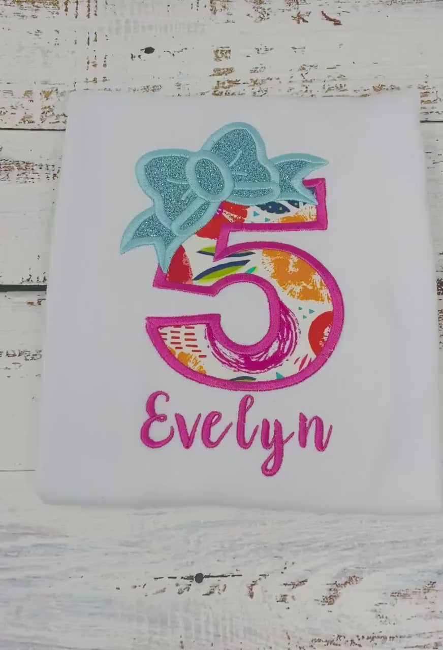 Girl personalized shirt with floral number and bow, Teal bow number, 5th birthday girl shirt, Flower embroidered shirt