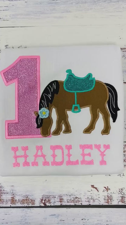 Girl 1st Birthday Shirt With Bay Horse, Birthday Shirt with Brown Horse and Saddle, 4th, 5th, 6th 7th Birthday Shirt with a Pony