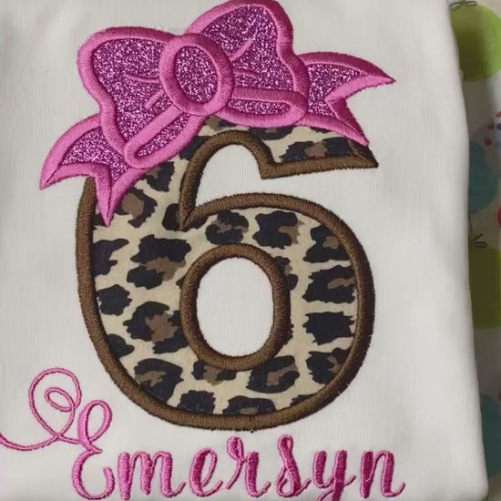 Girl birthday shirt with cheetah print number, 6th birthday shirt, Cheetah print shirt