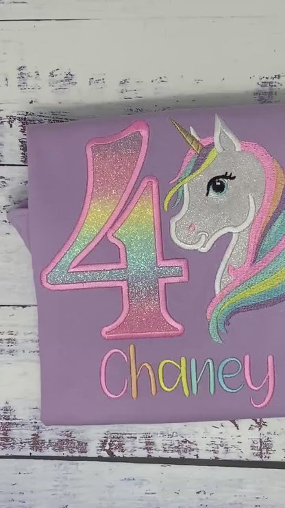 Girl 4th Birthday Pastel Unicorn and number Shirt, SHIPS NEXT DAY, Girl Rainbow Pastel Unicorn Birthday, Unicorn embroidery, Any age