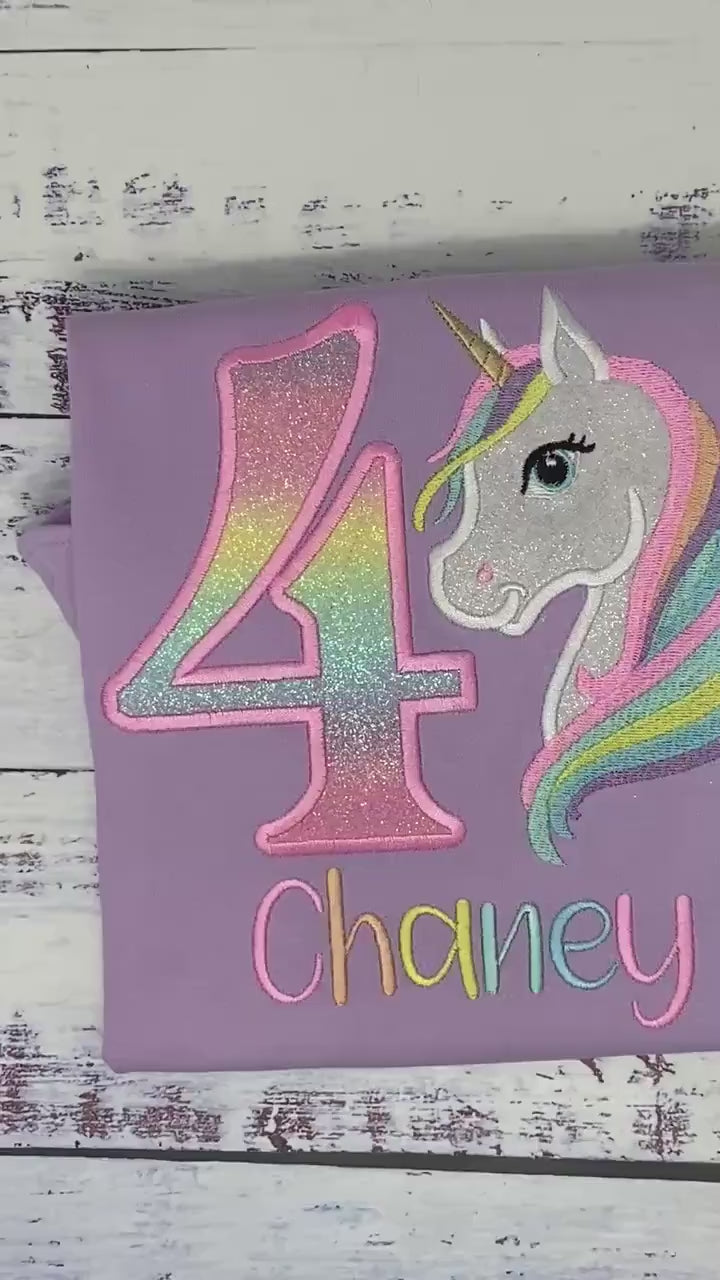 Girl 4th Birthday Pastel Unicorn and number Shirt, SHIPS NEXT DAY, Girl Rainbow Pastel Unicorn Birthday, Unicorn embroidery, Any age