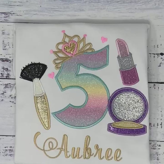 Girl 6th Birthday Shirt with Make up, Princess Birthday Shirt, Number with Tiara, Lipstick Powder Brush, Make up Birthday Party