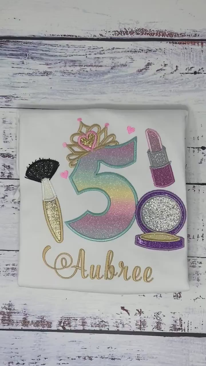 Girl 6th Birthday Shirt with Make up, Princess Birthday Shirt, Number with Tiara, Lipstick Powder Brush, Make up Birthday Party