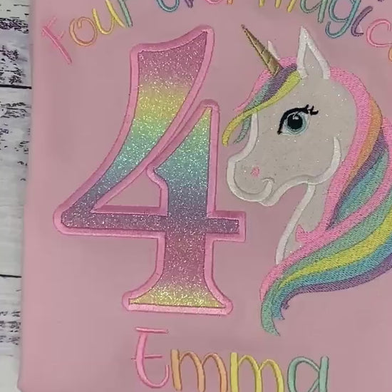 SHIPPING NEXT DAY, Girl 4th  Birthday Pastel Unicorn and number Shirt, Girl Rainbow Pastel Unicorn Birthday, Rainbow Uni, Unicorn embroidery