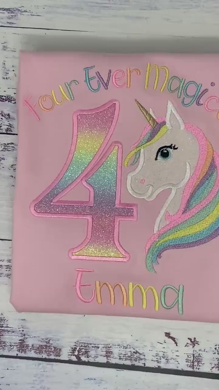 SHIPPING NEXT DAY, Girl 4th  Birthday Pastel Unicorn and number Shirt, Girl Rainbow Pastel Unicorn Birthday, Rainbow Uni, Unicorn embroidery