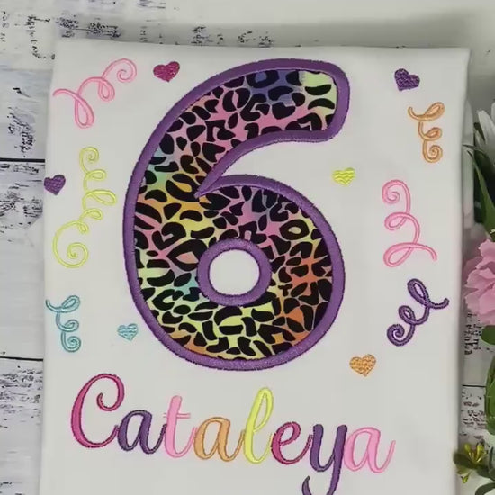 Girl 6th birthday shirt with cheetah print and number, Rainbow Cheetah embroidery, Leopard print shirt, Made for any age, Pastel Cheetah,